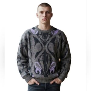 Vtg INXS Abstract Knit Sweater Made in Canada | 80s 90s Coogi Style Wool‎ Blend